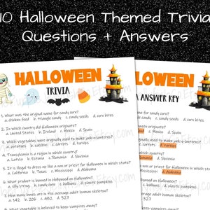10 halloween themed trivia questions and answers. trivia game sheet and answer key shown on black glittery background. answers highlighted in orange. fun halloween party game, classroom activity or game for work. Also a fun halloween baby shower game