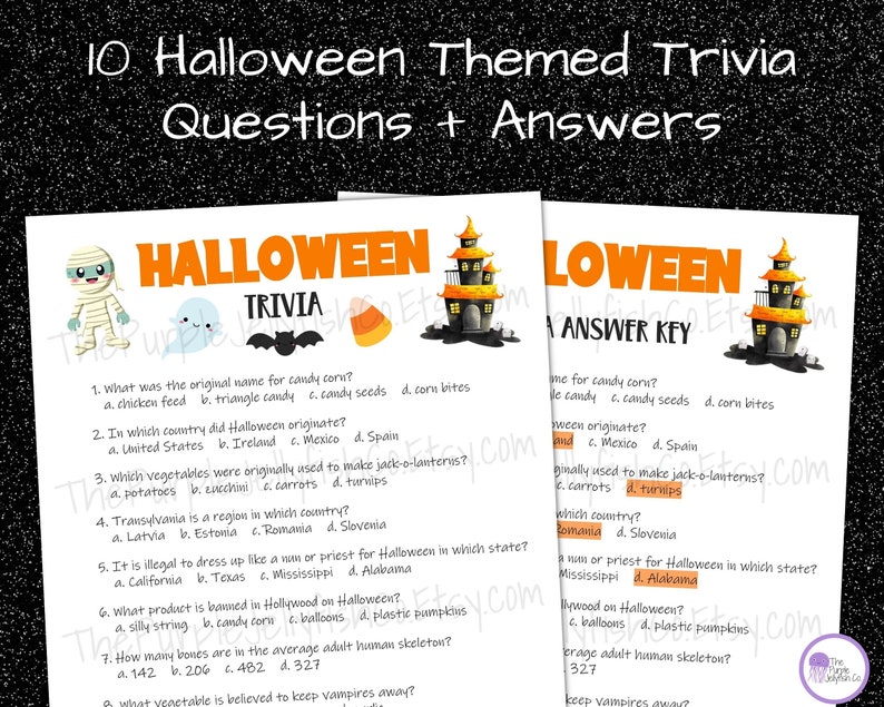 10 halloween themed trivia questions and answers. trivia game sheet and answer key shown on black glittery background. answers highlighted in orange. fun halloween party game, classroom activity or game for work. Also a fun halloween baby shower game