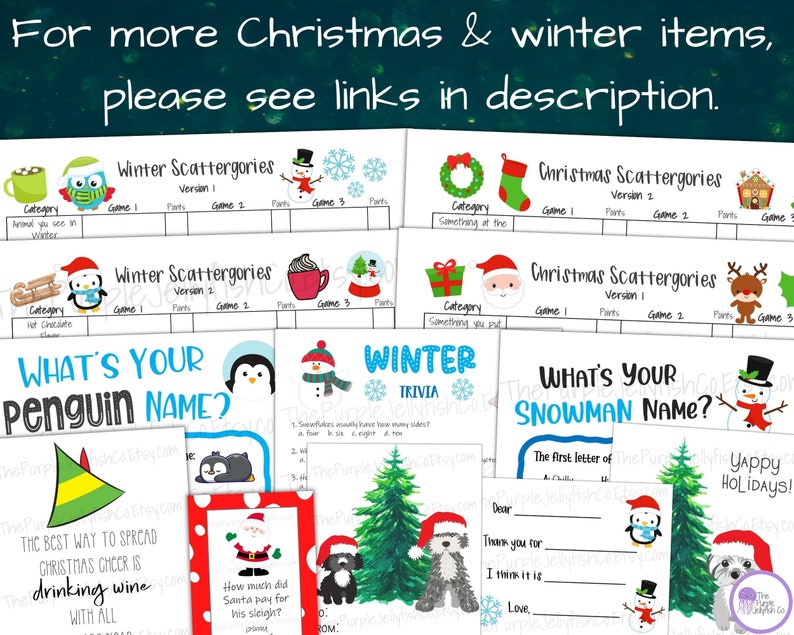 For more Christmas and winter items, please see links in description. Winter scattergories, Christmas scattergories, whats your penguin name game, winter trivia, snowman name generator, puppy dog Christmas gift tags, Christmas lunch box jokes + more!
