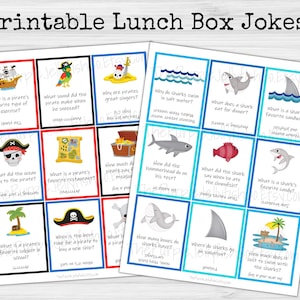 Notes imprimables de boîte à lunch pour enfants, blagues sur la boîte à lunch, idée de fête à thème pirate, activité de la semaine des requins, notes de déjeuner d'école, jeu de cartes blague boîte à lunch