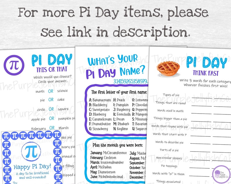 for more pi day items, please see link in description. whats your pi day name game, pi day think fast game and pi day this or that game shown.
