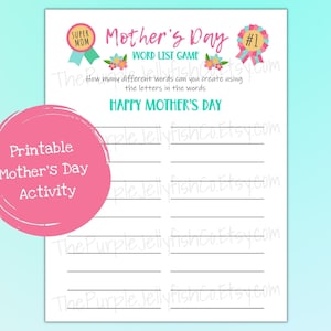 Mother&#39;s Day Word List Game, Mother&#39;s Day Activity Printable, How Many Words Can You Make Game, Mother&#39;s Day Word Puzzle for Kids and Adults