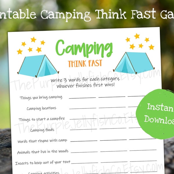 Camping Think Fast Game, Camping Game Printable, Camping Activity for Kids, Camping Birthday Party, Summer Camp Game, Camping Classroom Game