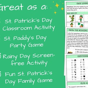 Great as a st patricks day classroom activity, st paddys day party game, rainy day screen free activity, or as a fun st patricks day family game! Game sheets shown to right. Fun spring detective game and great st patricks class party idea!