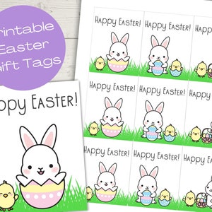 May include: Printable Easter gift tags featuring a white bunny holding an Easter egg with a yellow chick beside it. The tags say "Happy Easter!" in black text.