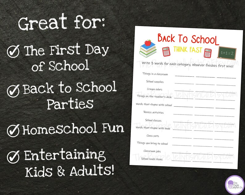Back to School Activity Think Fast Game, First Day of School Printable ...
