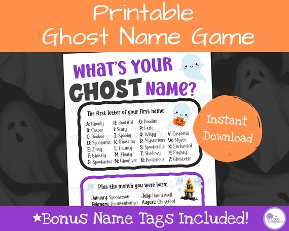 What's Your Ghost Name Game Printable Halloween Activity for Kids, Cute Ghost Party Decor Classroom Halloween Game Fun Halloween Party Idea