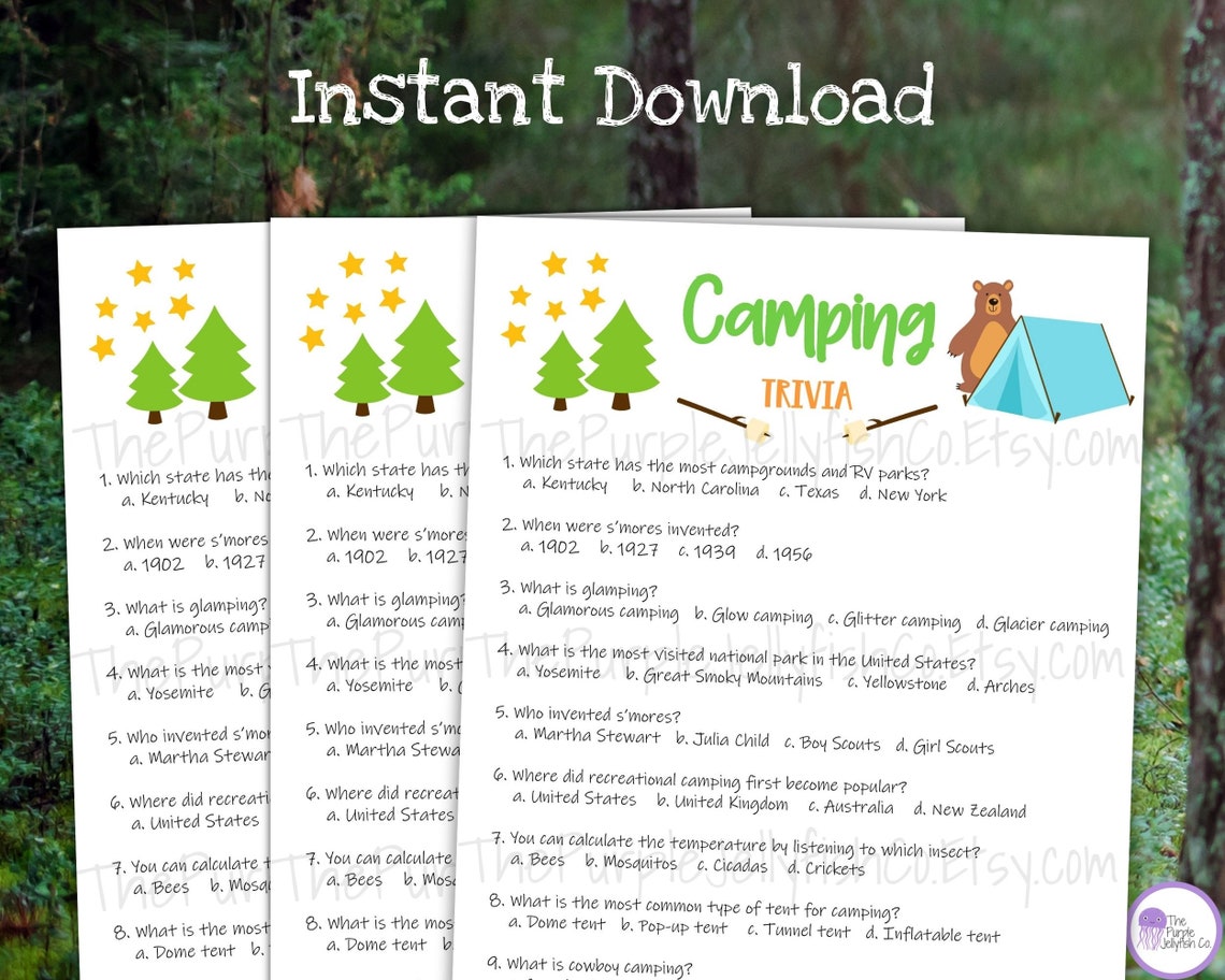 Camping Trivia Game, Camping Game Printable, Trivia Questions, Camping