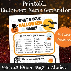 What&#39;s Your Halloween Name Game Printable Halloween Party Idea for Kids, Halloween Class Party Activity Classroom Name Generator + Name Tags