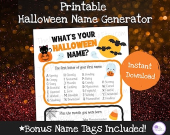 What's Your Halloween Name Game Printable Halloween Party Idea for Kids, Halloween Class Party Activity Classroom Name Generator + Name Tags