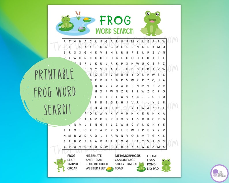Frog Word Search Printable, Frog Activity for Kids, Word Game, Spring