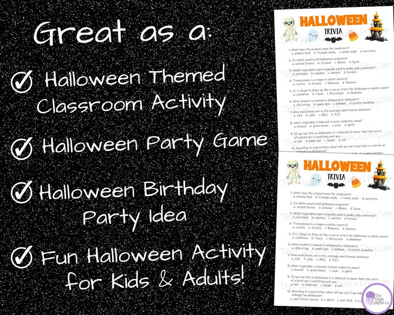 great as a halloween themed classroom activity, a halloween party game, a halloween birthday party idea or as a fun halloween activity for kids and adults! 2 halloween trivia game sheets shown to right.