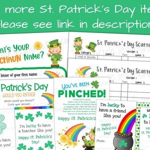 For more st patricks day items, please see link in description. Whats your leprechaun name game, st patricks day scattergories, would you rather questions, you've been pinched gift giving game, st patricks day gift tags and more!