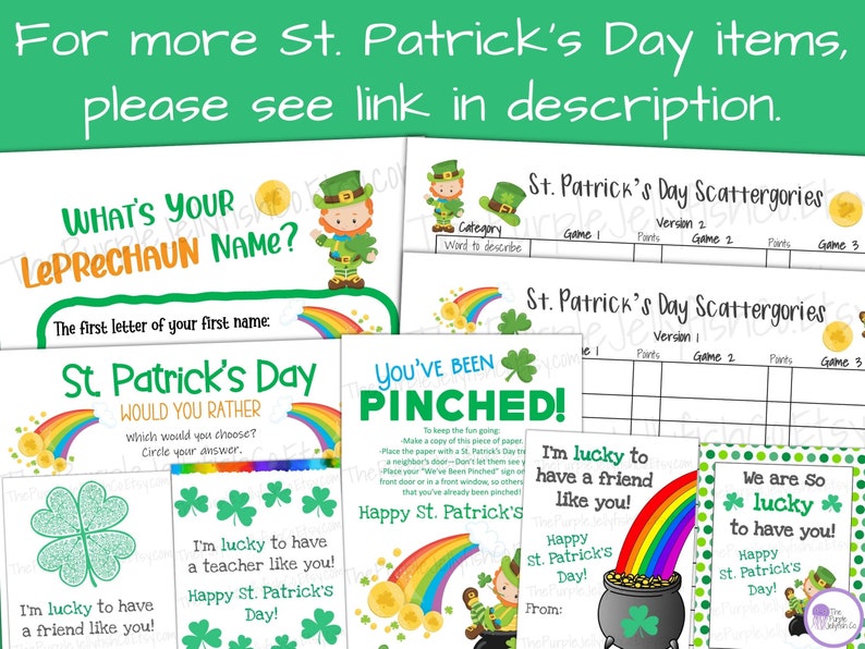 For more st patricks day items, please see link in description. Whats your leprechaun name game, st patricks day scattergories, would you rather questions, you've been pinched gift giving game, st patricks day gift tags and more!