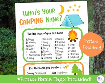 What's Your Camping Name Game, Printable Camping Party Idea, Camping Activity for Kids & Adults, Camping Birthday Party Decor, Summer Camp