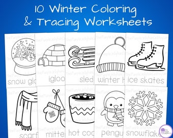May include: Ten black and white winter themed coloring and tracing worksheets. The worksheets feature images of a snow globe, igloo, sled, winter hat, ice skates, scarf, mitten, hot cocoa, penguin, and snowflake. Each image has a dotted line underneath for tracing the word.
