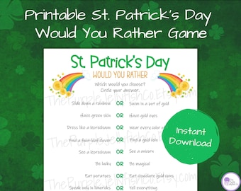 St Patricks Day Would You Rather Printable, St. Patrick's Day Activity for Kids, This or That Game, St Pattys Day Party Idea, Classroom Game