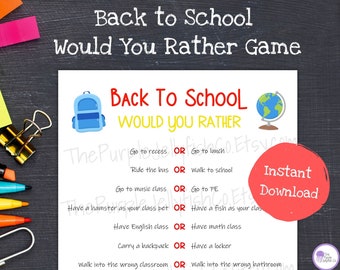 Puede incluir: Un juego imprimible de "De vuelta al cole: ¿Qué prefieres?" con una mochila azul y una ilustración de un globo terráqueo. El juego presenta una lista de preguntas con dos opciones para cada pregunta, como "¿Ir al recreo o ir a almorzar?" y "¿Ir en autobús o ir caminando a la escuela?"