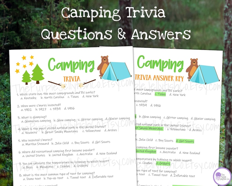 Camping Trivia Game, Camping Game Printable, Trivia Questions, Camping