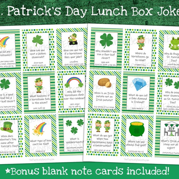 St Patricks Day Lunchbox Notes for Kids, Lunchbox Jokes, Printable Lunch Notes, Printable St Patricks Day Cards, Leprechaun Jokes for Kids