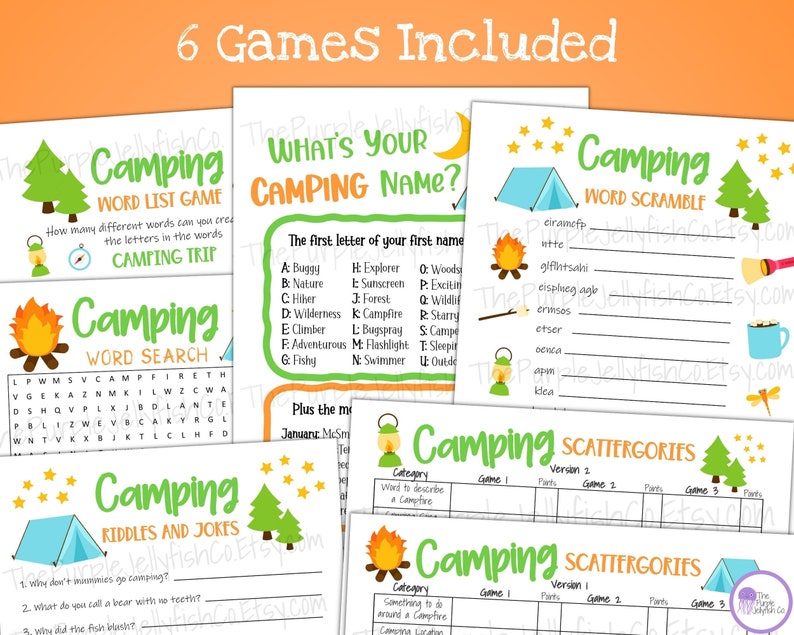 6 games included. All games shown with cute camping themed clipart at top. Camping word scramble has clipart along sides as well.