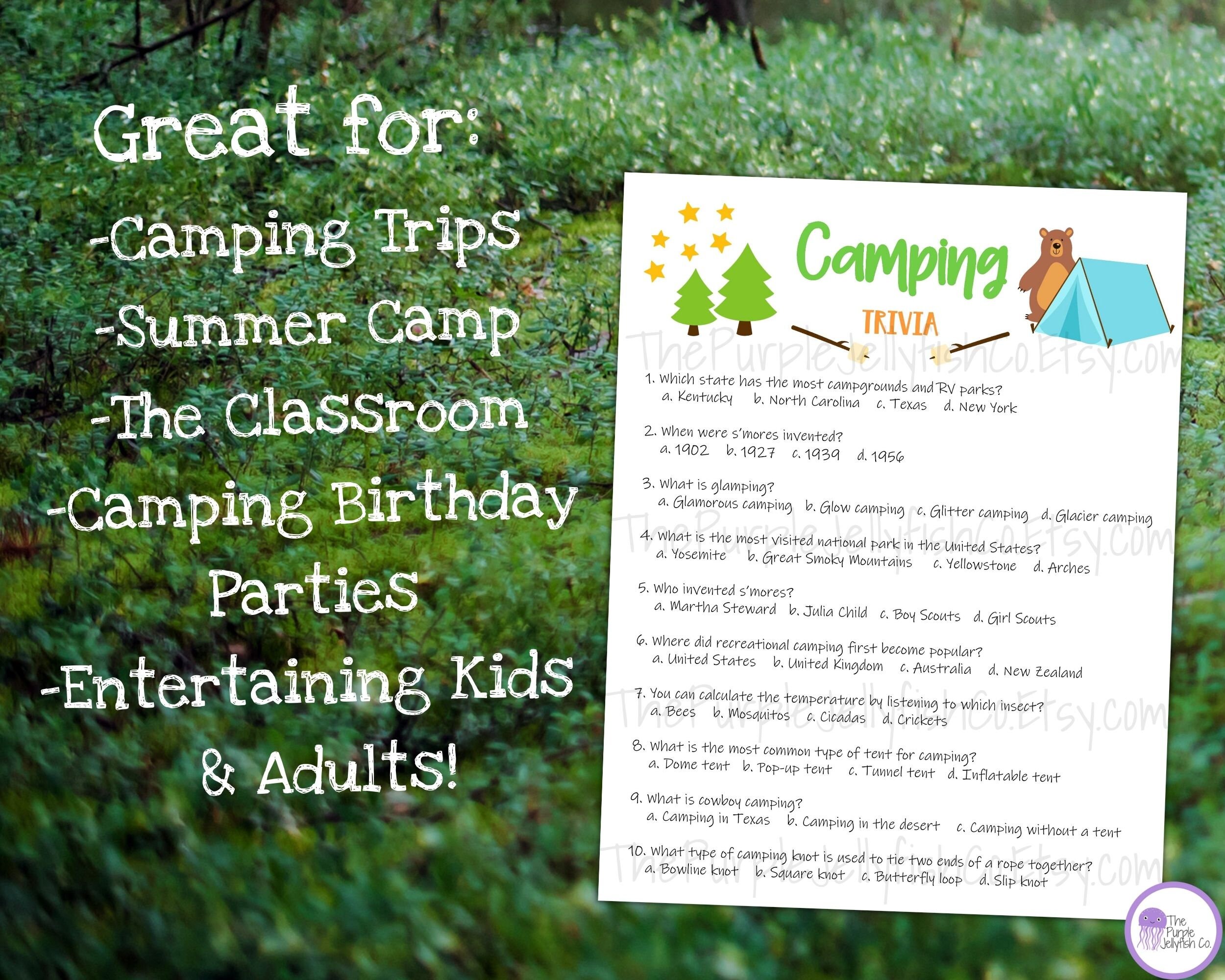 Camping Trivia Game, Camping Game Printable, Trivia Questions, Camping