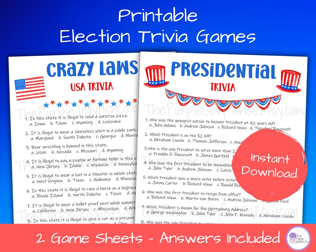 Election Party Games, Printable Presidential Trivia Games for Kids ...