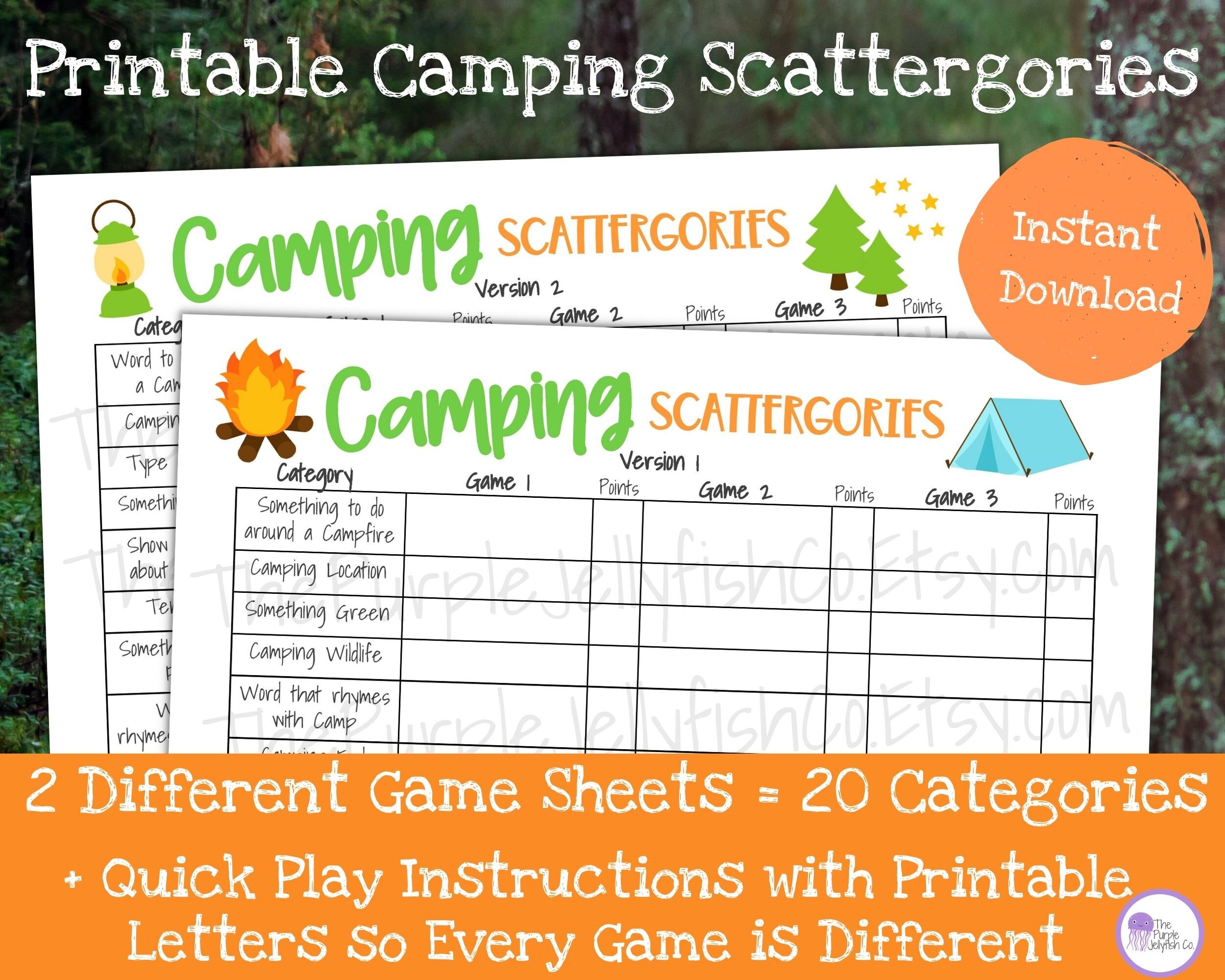 Camping Scattergories Game, Camping Activity for Kids Printable