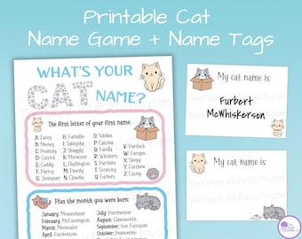 Whats Your Cat Name Game Sign & Name Tags, Kitty Cat Birthday Party Decor, Adopt a Kitten Party Idea, Cat Themed Activity for Kids Adults