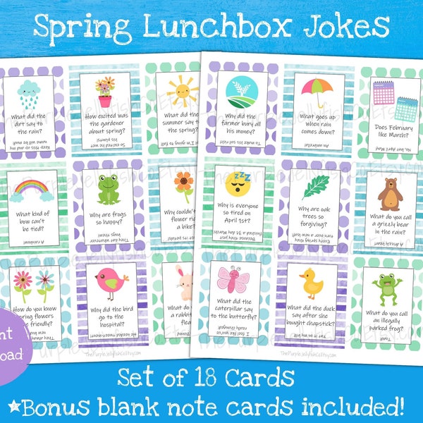 Spring Lunchbox Jokes, Printable Lunchbox Notes, Easter Lunch Box Jokes, Lunch Note Cards, Spring Joke Cards for Kids, Spring Activity