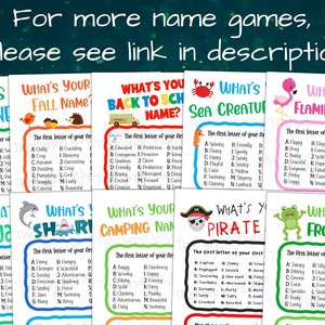 For more name games, please see link in description. Whats your runner name, fall name game, back to school name, sea creature name, flamingo name game, luau name game, shark name generator, camping name game, pirate name and frog name game.