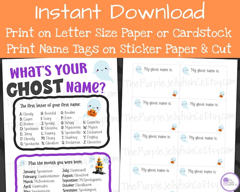 Instant download, print on letter size paper or card stock. print name tags on sticker paper and cut. ghost name game and name tags shown on full sheets of paper as they would print.
