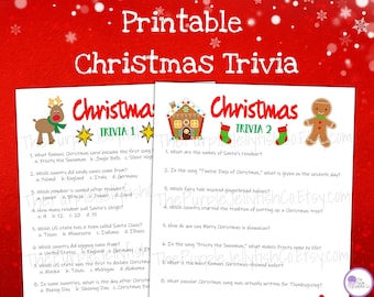 May include: Printable Christmas trivia game with two pages. The first page features a red-nosed reindeer and the second page features a gingerbread man. The trivia questions are about Christmas traditions, songs, and characters.