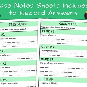 Case notes sheets included to record answers. 2 pages of case notes shown. Write answers on these pages to keep clue pages clean for multiple uses or other teams. Fun escape room mystery game for kids! Great for teens, adults and seniors too!
