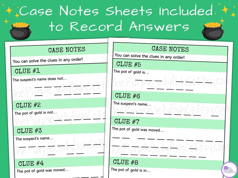 Case notes sheets included to record answers. 2 pages of case notes shown. Write answers on these pages to keep clue pages clean for multiple uses or other teams. Fun escape room mystery game for kids! Great for teens, adults and seniors too!