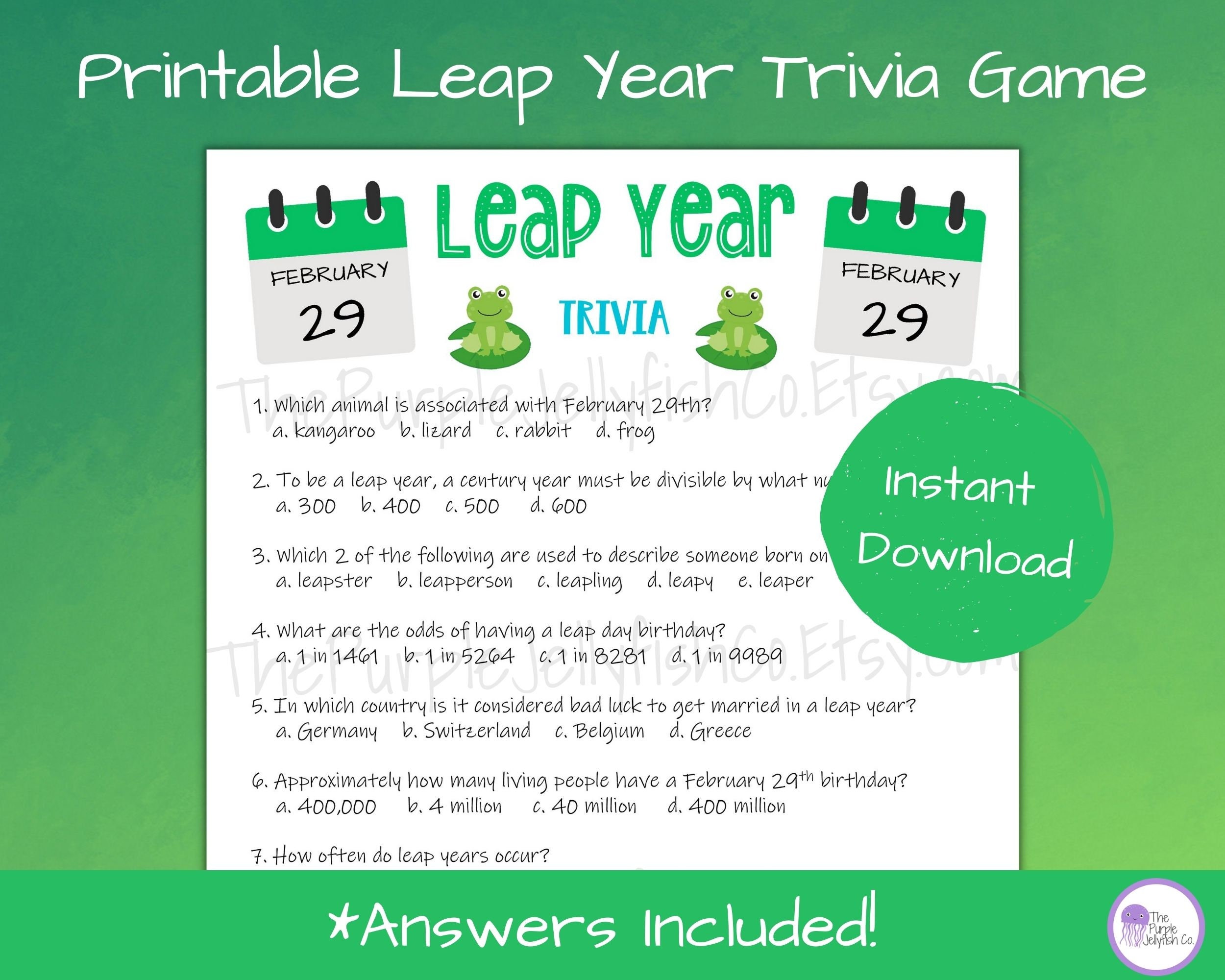 Leap Year Trivia Game Printable, Leap Day Birthday Party Idea, Game for