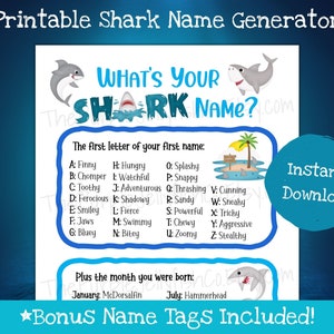 Shark Name Game, Printable Shark Sign, Shark Activity for Kids, Shark Birthday Party, Whats Your Name Game, Shark Week Decor, Name Generator