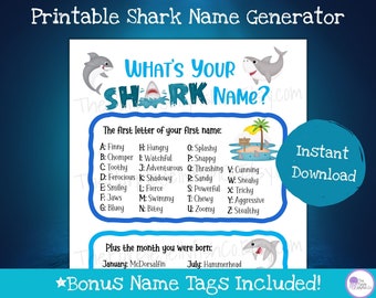 Shark Name Game, Printable Shark Sign, Shark Activity for Kids, Shark Birthday Party, Whats Your Name Game, Shark Week Decor, Name Generator
