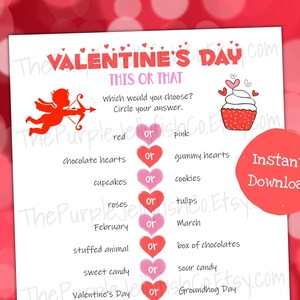 Valentines This or That Game Printable, Valentines Day Would You Rather for Kids, Valentine&#39;s Day Classroom Activity, Valentine Party Idea