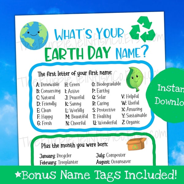 Earth Day Name Game, Spring Activity for Kids, Earth Day Printable, What's Your Name, Earth Day Game,  Earth Day Party, Earth Day Decor