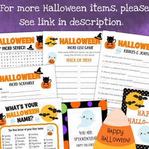 For more Halloween items, see link in description. Halloween word search, Halloween word list game, Halloween jokes, Halloween word scramble, whats your Halloween name game, Halloween coloring bookmarks, Halloween gift tags, Halloween wine tag.