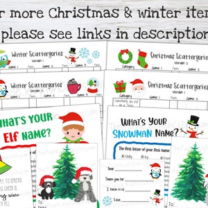 For more Christmas and winter items, please see links in description. Winter scattergories, Christmas scattergories, whats your elf name game, snowman name game, puppy Christmas gift tags, Christmas wine gift tags and more!
