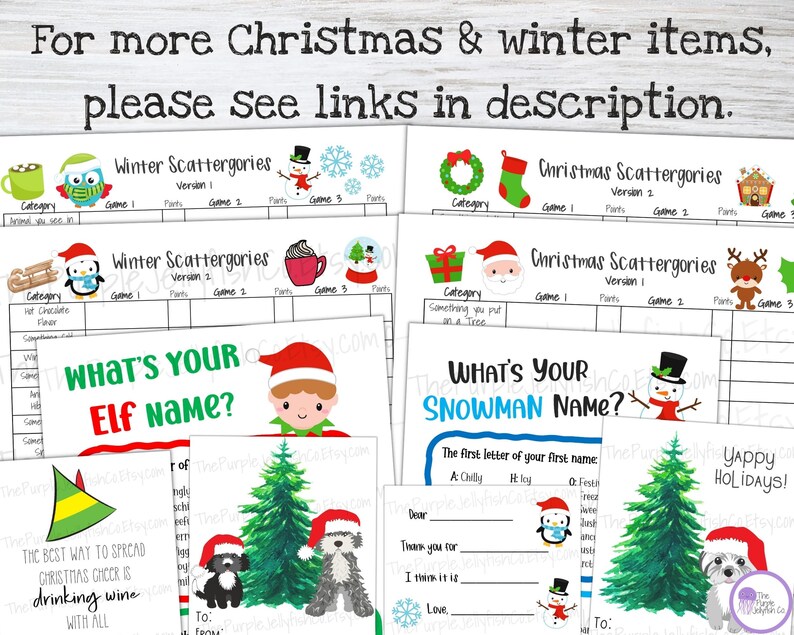 For more Christmas and winter items, please see links in description. Winter scattergories, Christmas scattergories, whats your elf name game, snowman name game, puppy Christmas gift tags, Christmas wine gift tags and more!