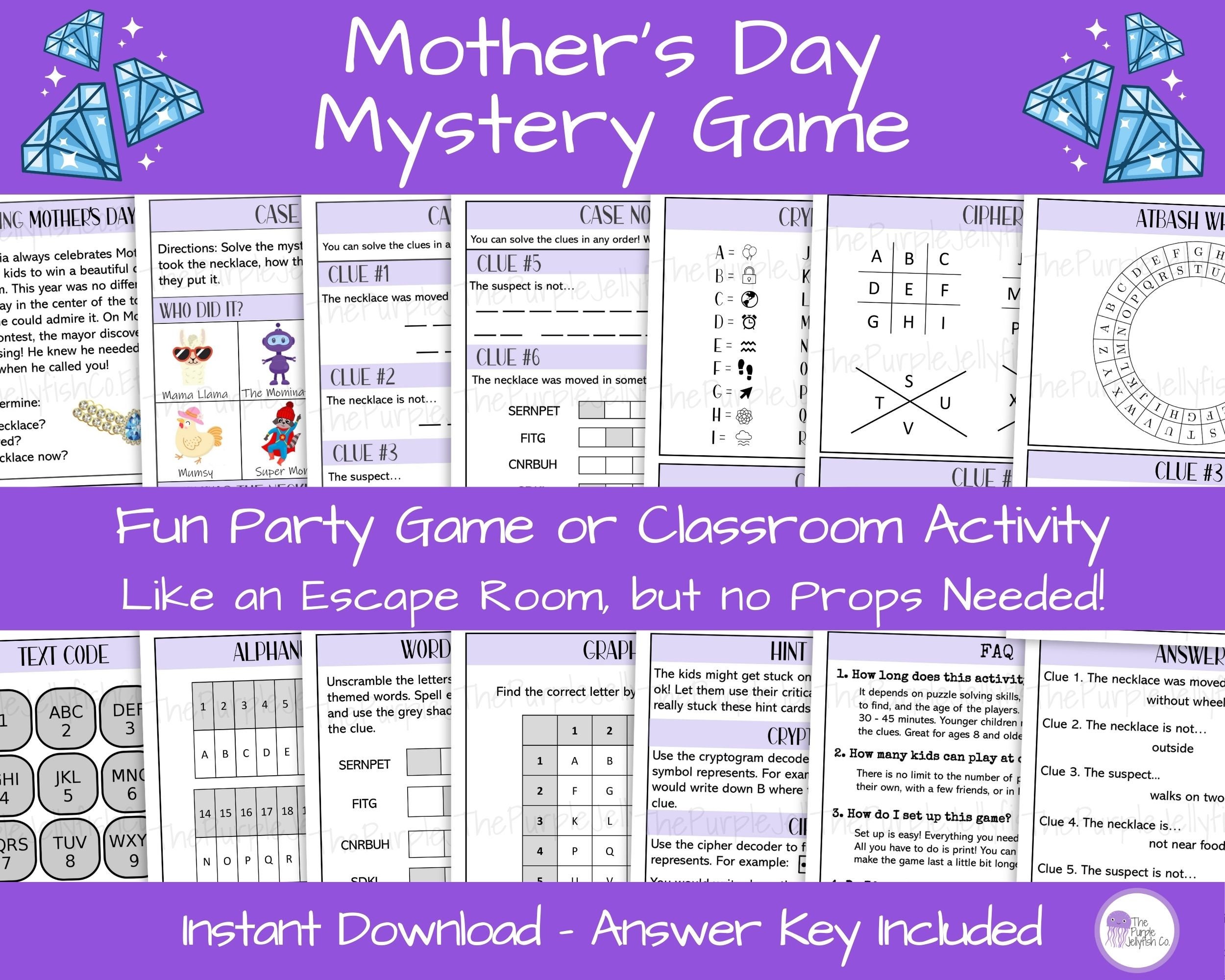 Moederdag mysteriespel afdrukbaar voor kinderen, escape room spel voor  tieners, familie Moederdag activiteit, idee moederdag feest, speurtocht, image size:2500x2000