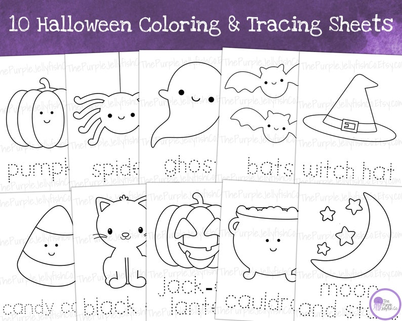 10 Halloween coloring pages for kids. Printable Halloween coloring sheets for toddlers, preschool or kindergarten. These cute Halloween worksheets are fun for little ones to color...and they practice fine motor skills with this tracing worksheet!