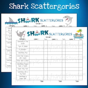 Shark Scattergories Lists Printable, Shark Game for Kids, Shark Week Activity, Shark Party Game, Shark Word Game, Shark Birthday Idea
