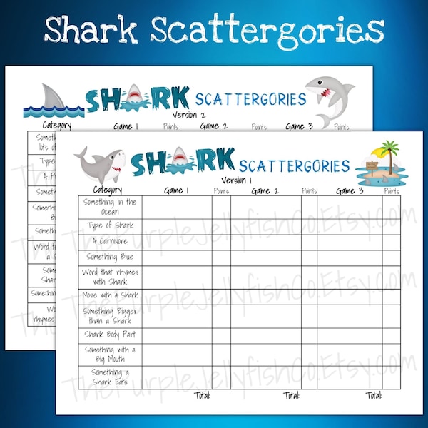 Shark Scattergories Lists Printable, Shark Game for Kids, Shark Week Activity, Shark Party Game, Shark Word Game, Shark Birthday Idea