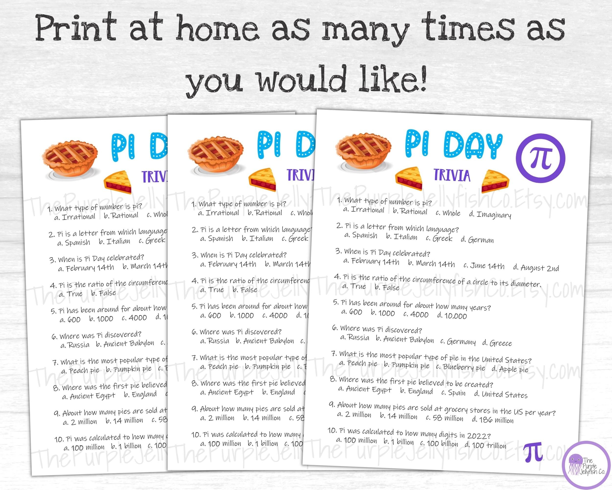 Pi Day Trivia Game for Kids and Adults, Printable Pi Day Activity, Pi