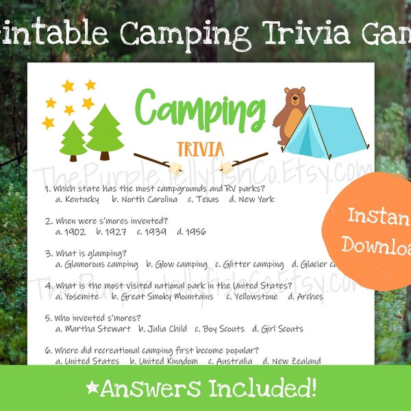 Camping Trivia Game, Camping Game Printable, Trivia Questions, Camping Activity for Kids & Adults, Camping Trip Idea, Summer Camp at Home