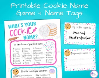 Jeu de nom de cookie What's your cookie and name tags, biscuits et lait activité de fête d'anniversaire imprimable, idée de panier-cadeau de cuisson de biscuits, décoration